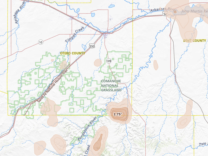 Radar-estimated hail-size map of the storm over La Junta, CO on Aug 14, 2026