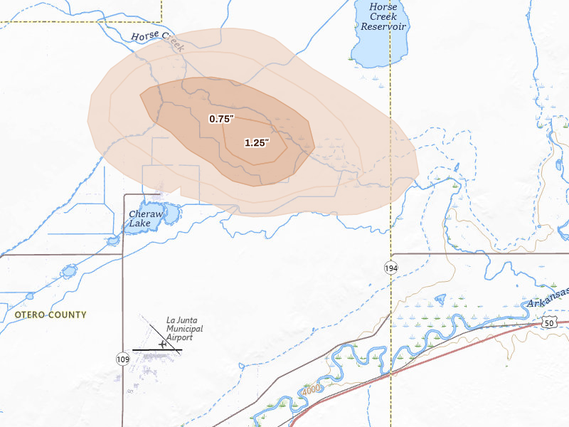 Radar-estimated hail-size map of the storm over La Junta, CO on Aug 16, 2026