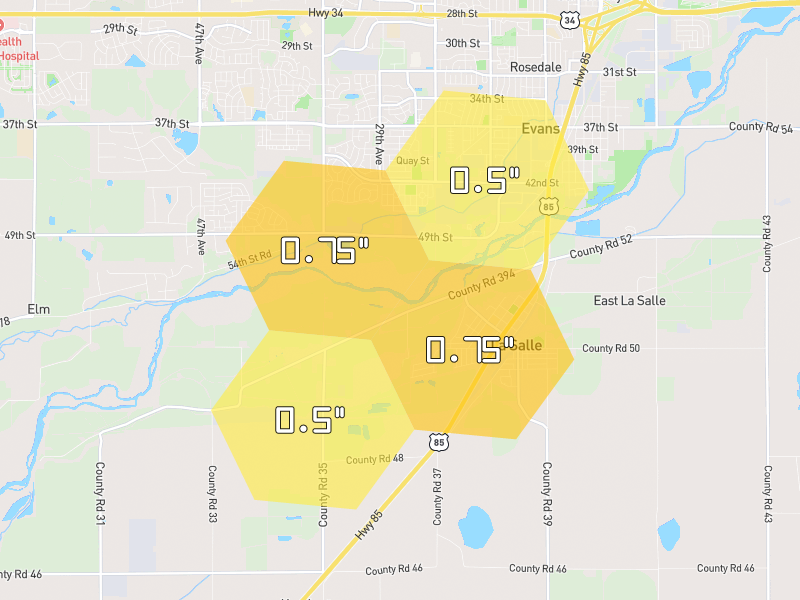 Hail map of La Salle, CO on Jun 3, 2026, hail up to 0.75"