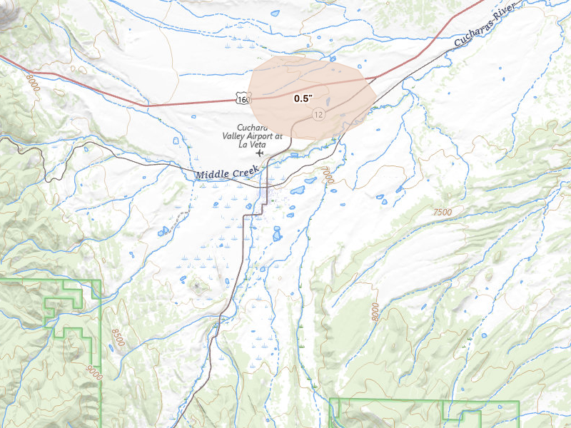 Radar-estimated hail-size map of the storm over La Veta, CO on Jul 28, 2026