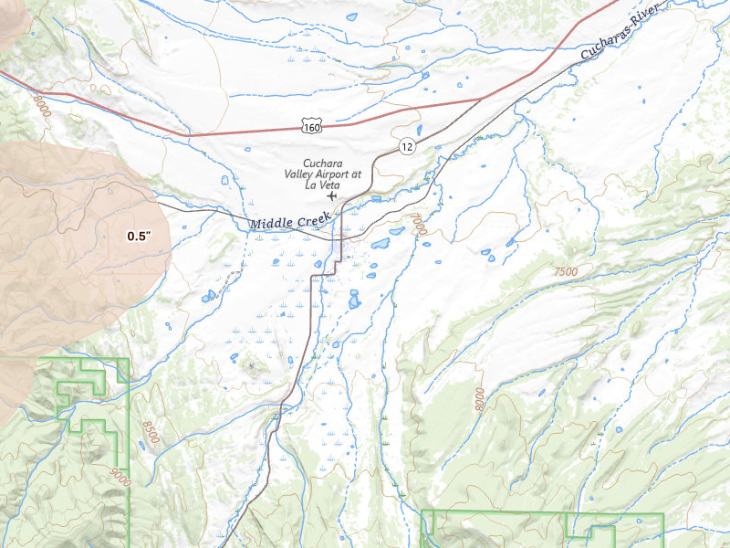Radar-estimated hail-size map of the storm over La Veta, CO on Jul 31, 2026