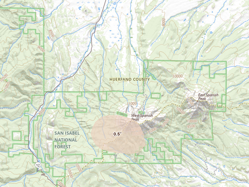 Radar-estimated hail-size map of the storm over La Veta, CO on Aug 19, 2026