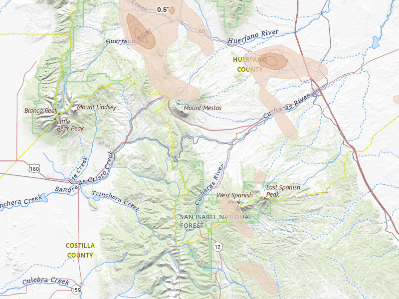 Radar-estimated hail-size map of the storm over La Veta, CO on Aug 26, 2026