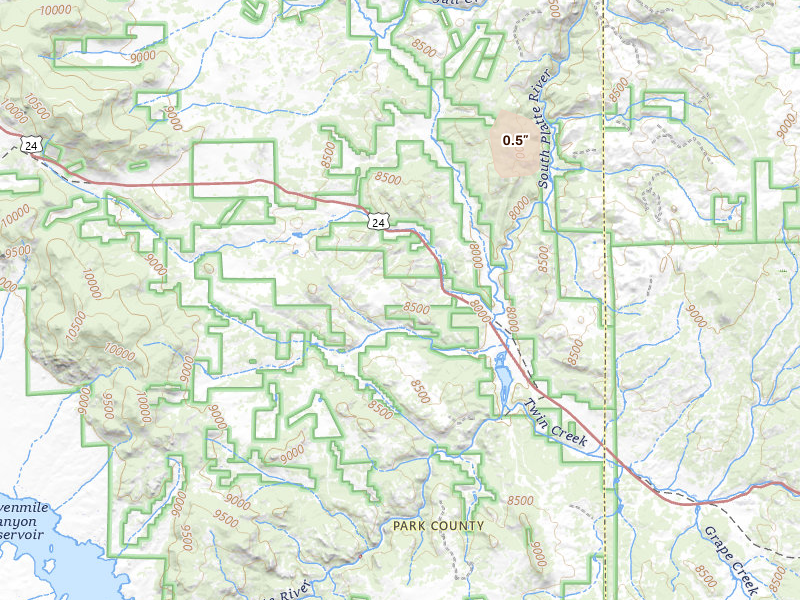 Radar-estimated hail-size map of the storm over Lake George, CO on Jun 2, 2026