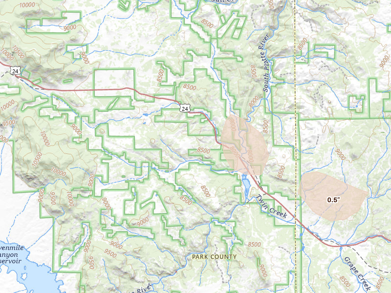 Radar-estimated hail-size map of the storm over Lake George, CO on Jul 11, 2026