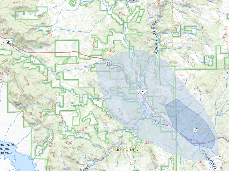 NEXRAD radar-signature map of the hail over Lake George, CO