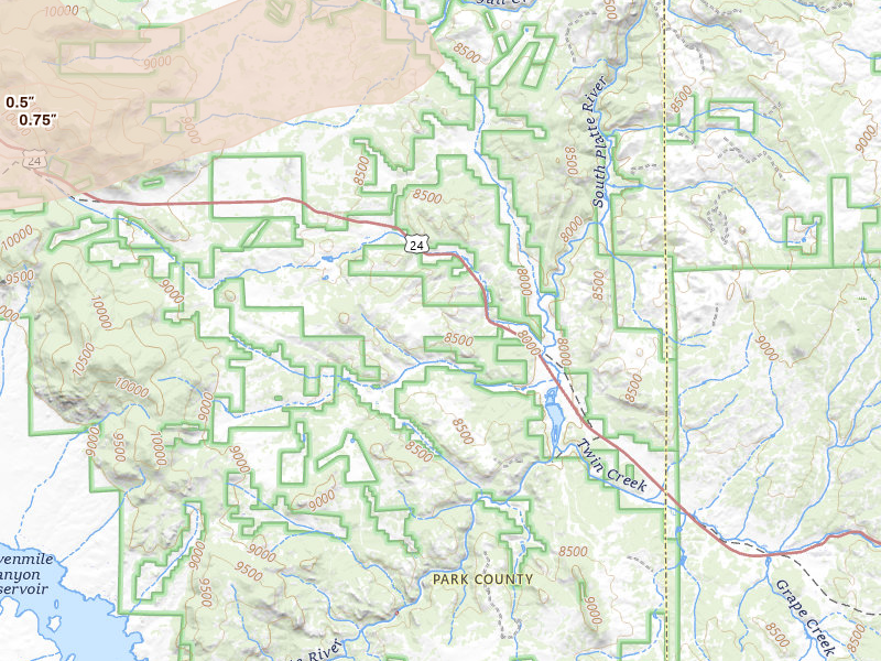 Radar-estimated hail-size map of the storm over Lake George, CO