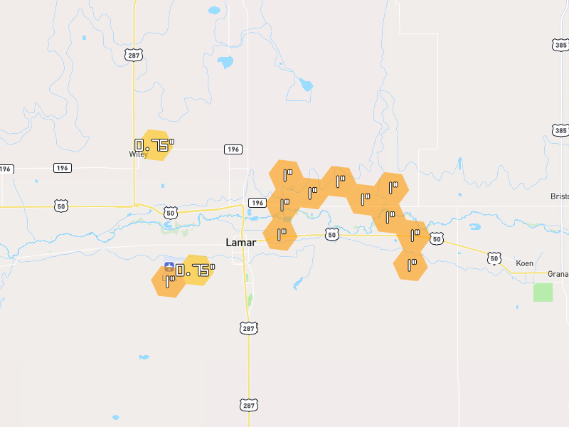Hail map of Lamar, CO on Jun 27, 2026, hail up to 1"