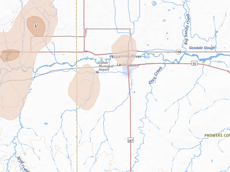Radar-estimated hail-size map of the storm over Lamar, CO on Aug 14, 2026