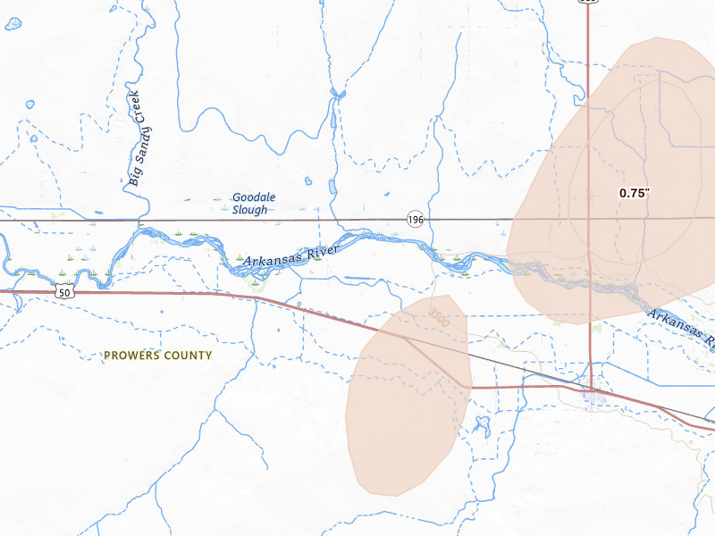 Radar-estimated hail-size map of the storm over Lamar, CO on Aug 25, 2026