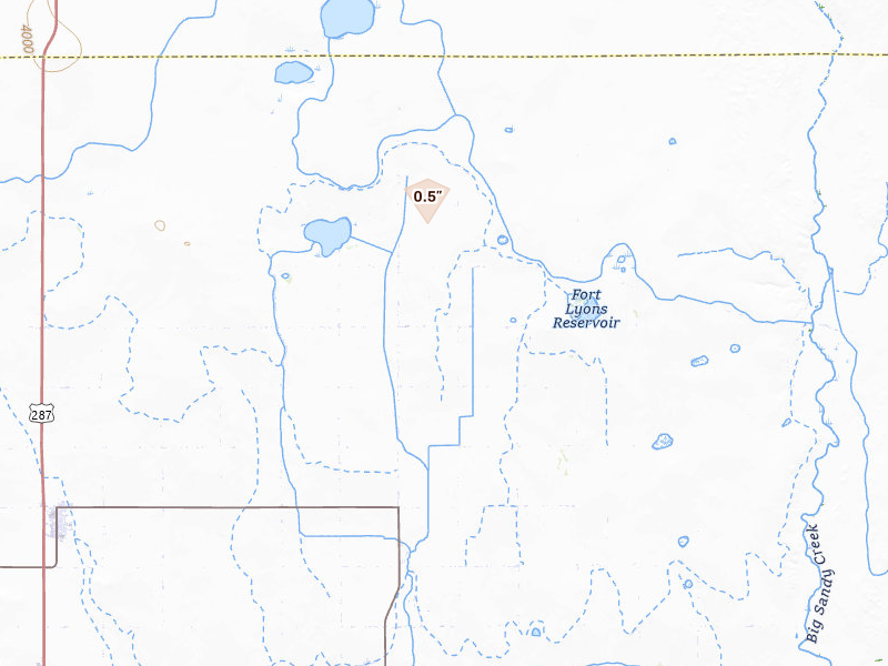 Radar-estimated hail-size map of the storm over Lamar, CO on Aug 26, 2026