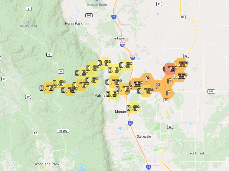 Hail map of Larkspur, CO on Jun 1, 2026, hail up to 1.75"
