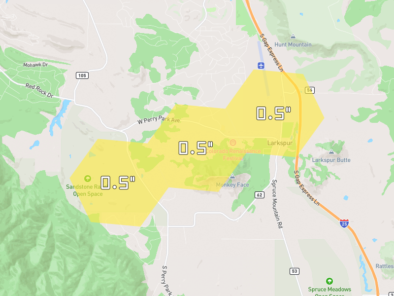 Hail map of Larkspur, CO on Jun 26, 2026, hail up to 0.5"