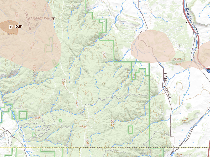 Radar-estimated hail-size map of the storm over Larkspur, CO on Jul 28, 2026