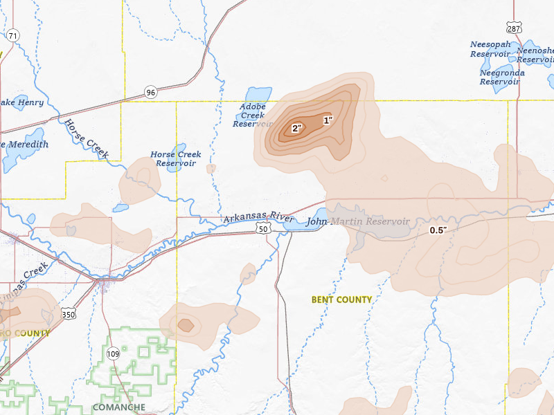 Radar-estimated hail-size map of the storm over Las Animas, CO on Jun 26, 2026