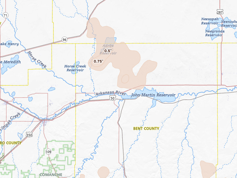 Radar-estimated hail-size map of the storm over Las Animas, CO on Jul 9, 2026