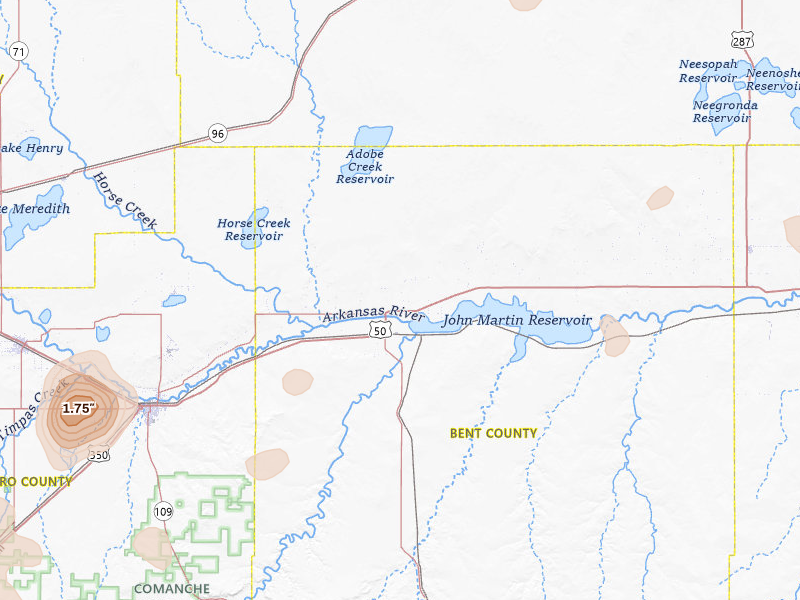 Radar-estimated hail-size map of the storm over Las Animas, CO on Jul 10, 2026