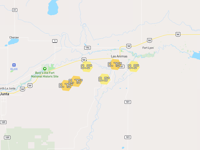 Hail map of Las Animas, CO on Jul 11, 2026, hail up to 0.75"
