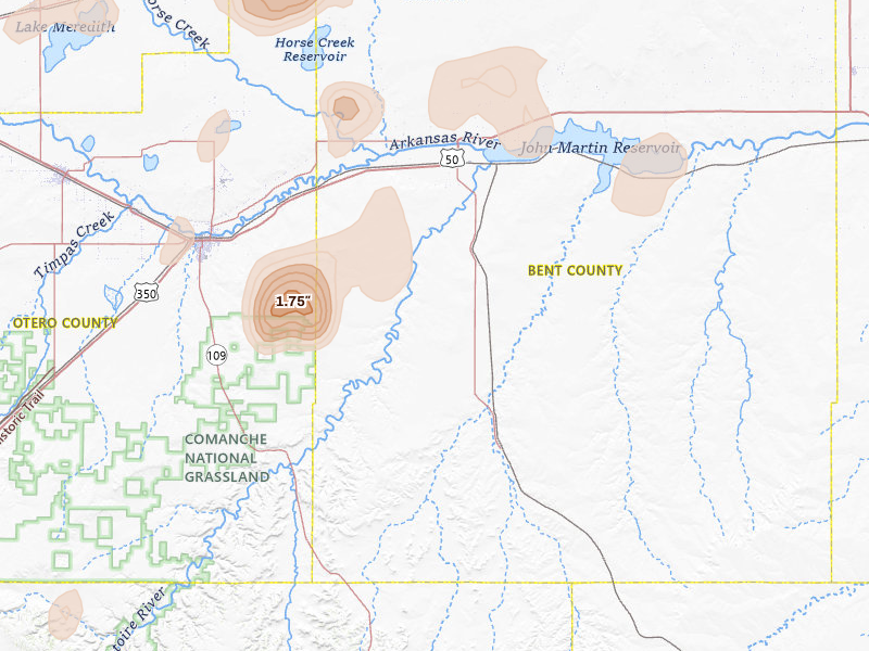 Radar-estimated hail-size map of the storm over Las Animas, CO on Aug 13, 2026