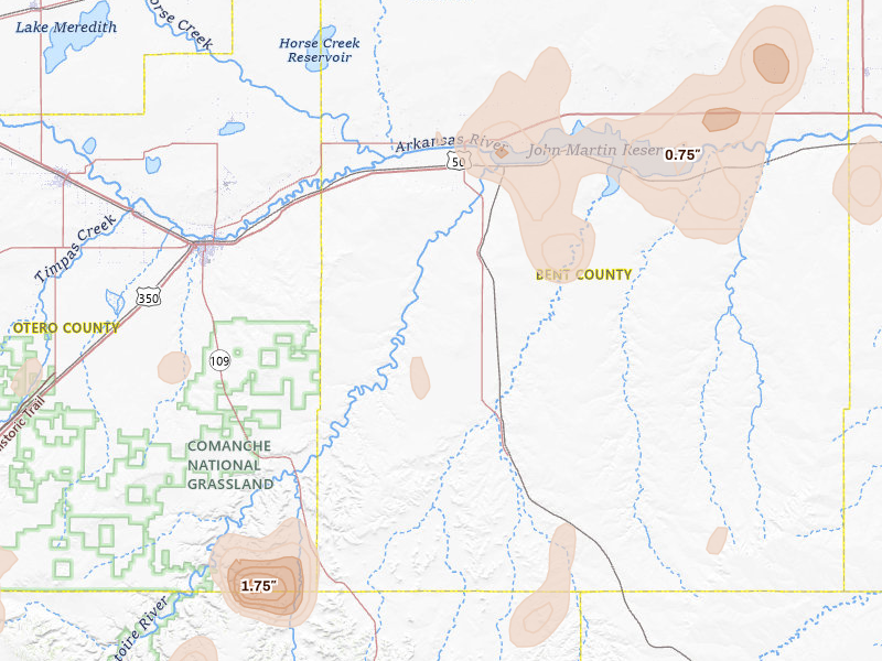 Radar-estimated hail-size map of the storm over Las Animas, CO on Aug 14, 2026