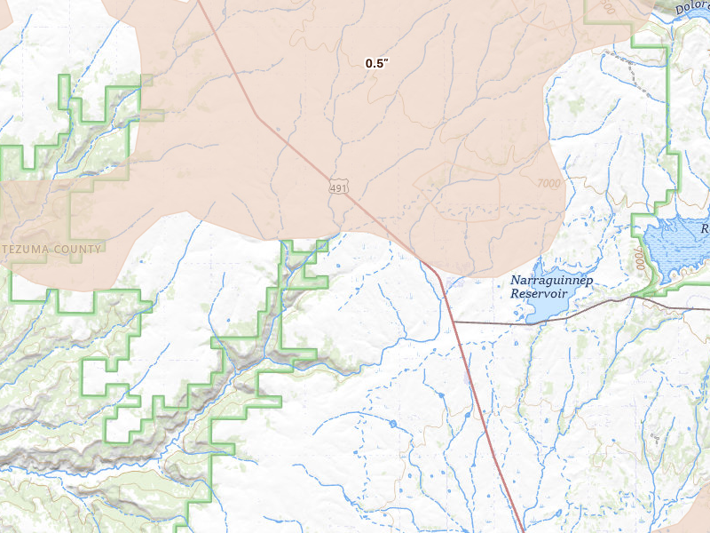 Radar-estimated hail-size map of the storm over Lewis, CO on Jul 21, 2026