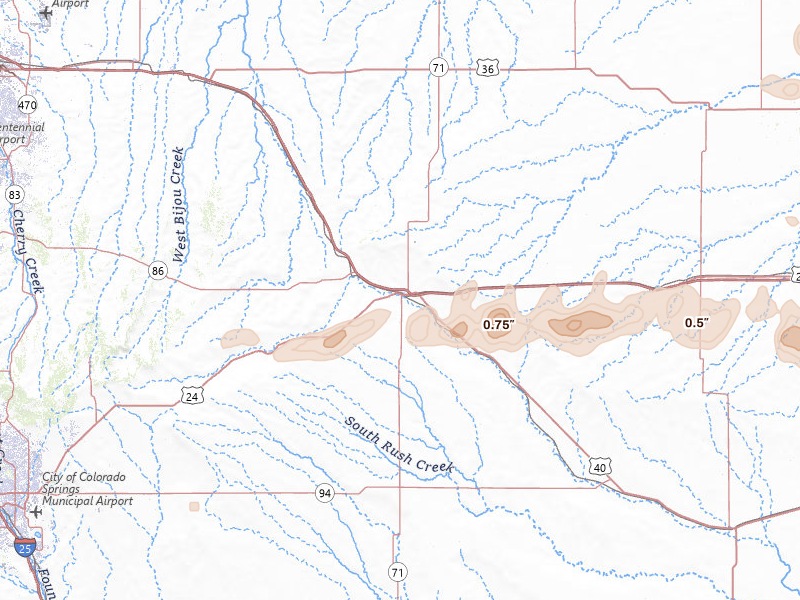 Radar-estimated hail-size map of the storm over Limon, CO on May 16, 2026