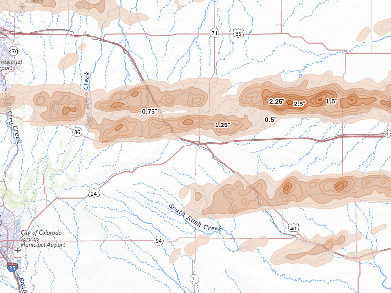 Radar-estimated hail-size map of the storm over Limon, CO on Jun 8, 2026