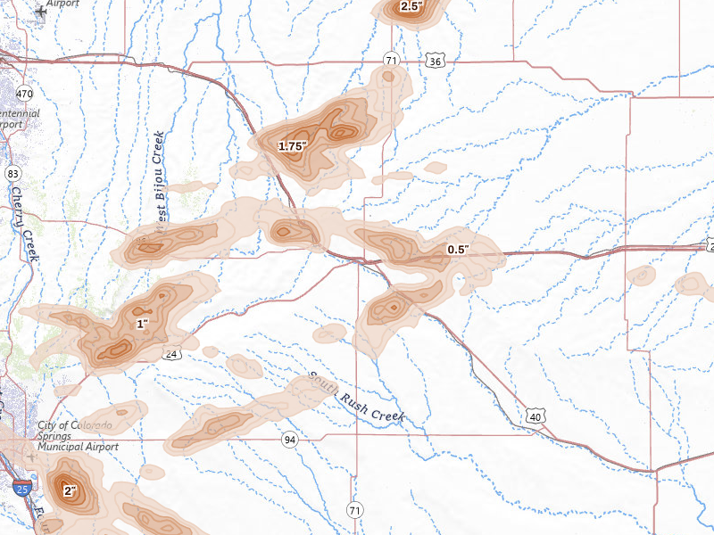 Radar-estimated hail-size map of the storm over Limon, CO on Jun 23, 2026