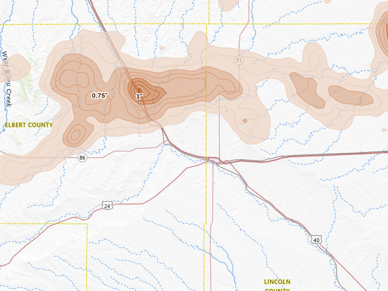Radar-estimated hail-size map of the storm over Limon, CO on Jul 3, 2026