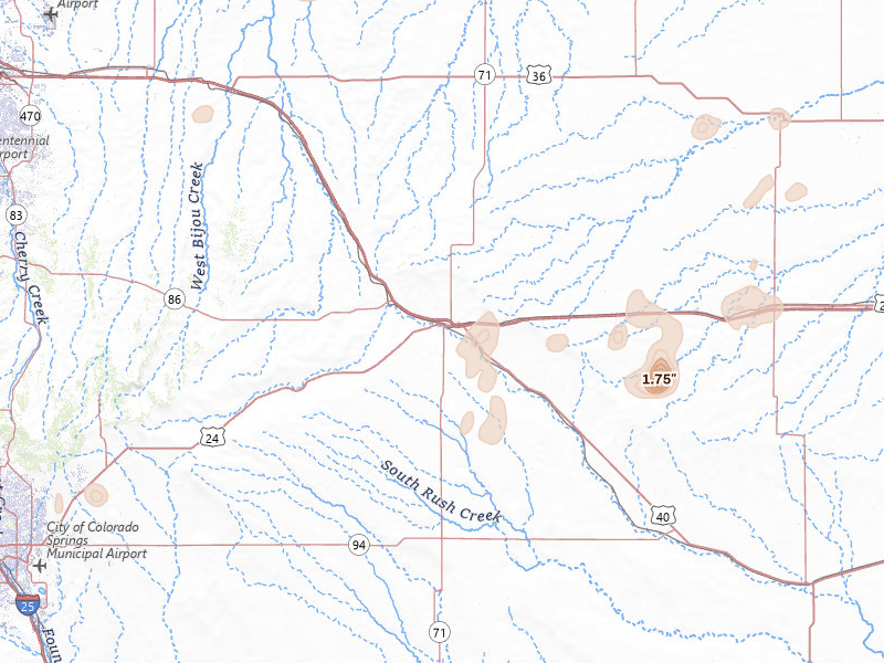 Radar-estimated hail-size map of the storm over Limon, CO on Jul 22, 2026