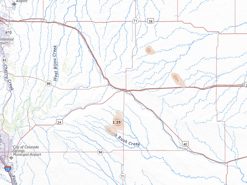 Radar-estimated hail-size map of the storm over Limon, CO on Jul 23, 2026