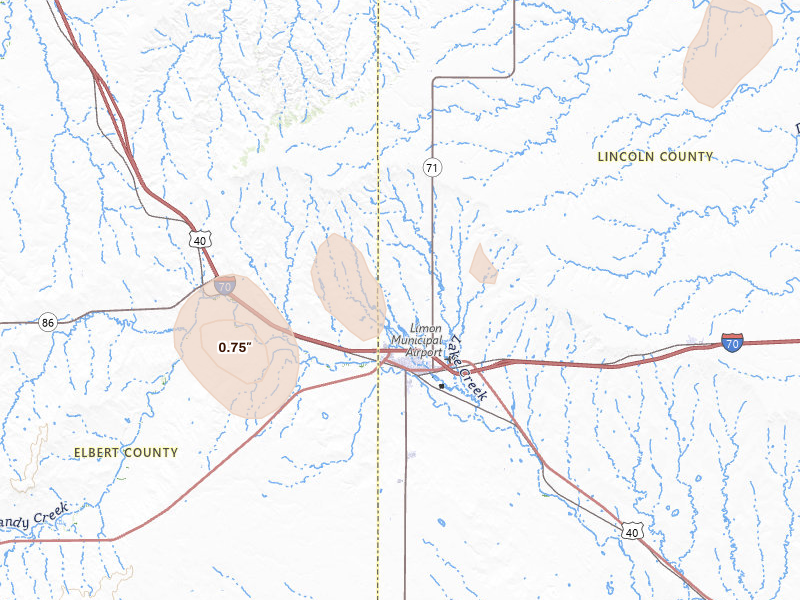 Radar-estimated hail-size map of the storm over Limon, CO on Aug 14, 2026