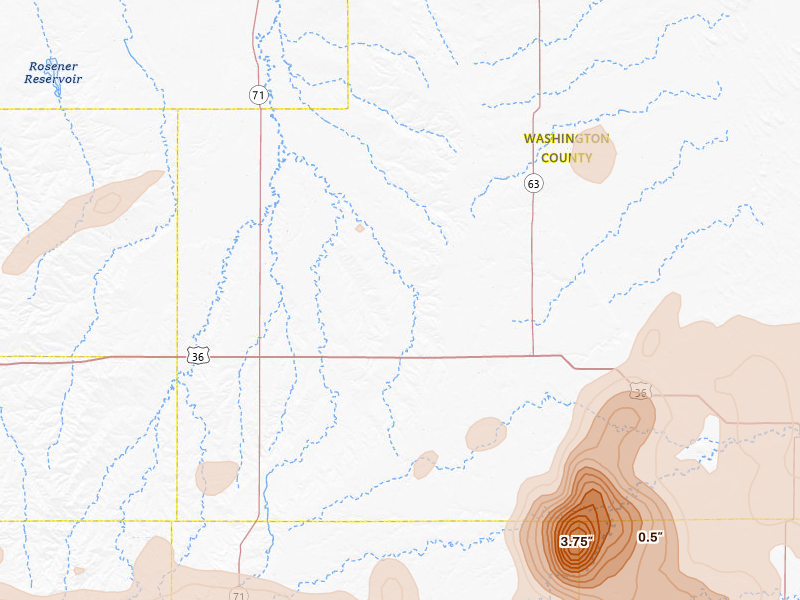 Radar-estimated hail-size map of the storm over Lindon, CO on Jul 3, 2026