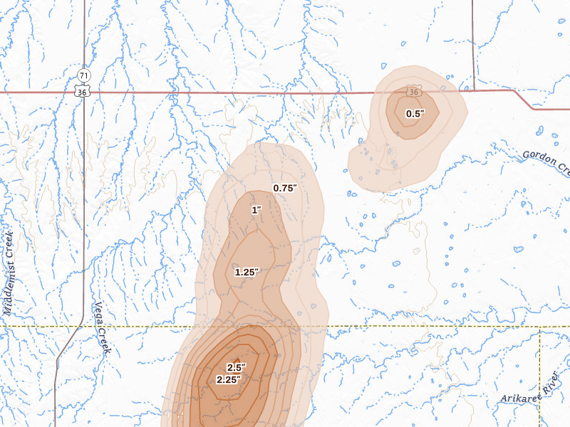 Radar-estimated hail-size map of the storm over Lindon, CO on Aug 13, 2026