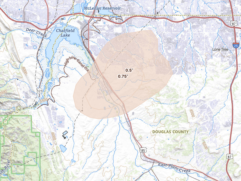Radar-estimated hail-size map of the storm over Littleton, CO on Jun 1, 2026
