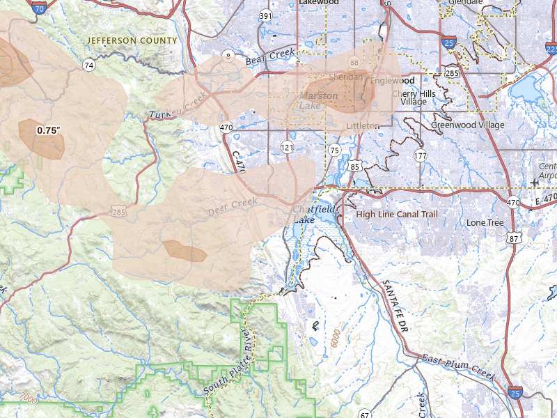 Radar-estimated hail-size map of the storm over Littleton, CO on Jun 24, 2026