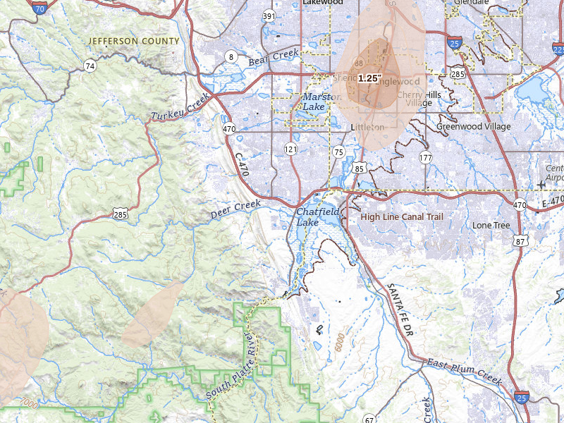 Radar-estimated hail-size map of the storm over Littleton, CO on Aug 14, 2026