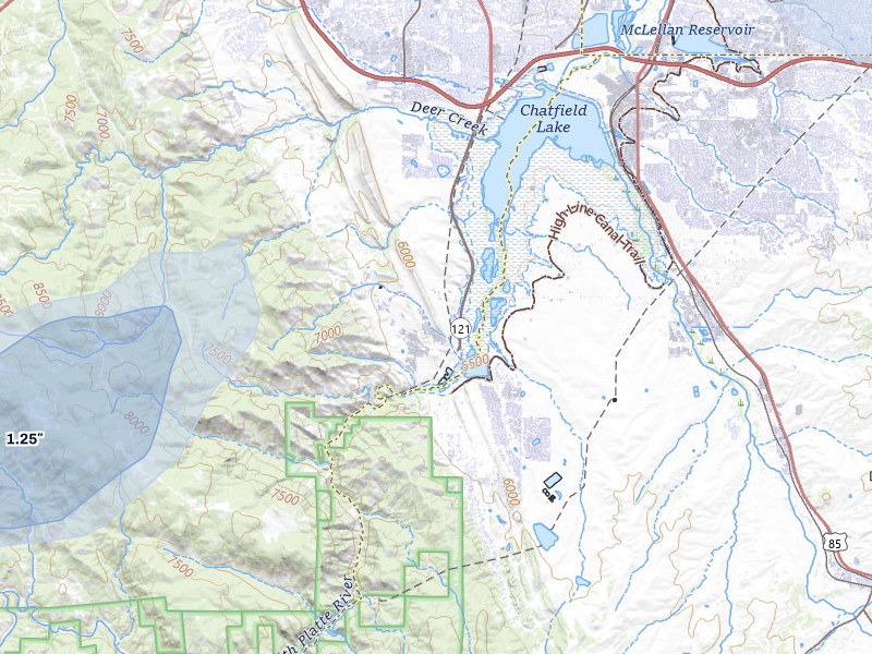 NEXRAD radar-signature map of the hail storm over Littleton, CO on Aug 14, 2026