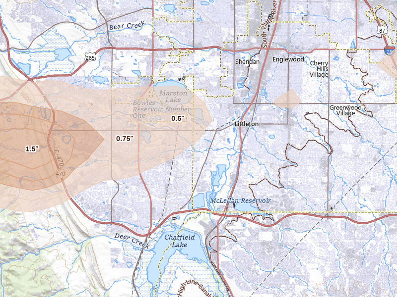 Radar-estimated hail-size map of the storm over Littleton, CO on Aug 15, 2026