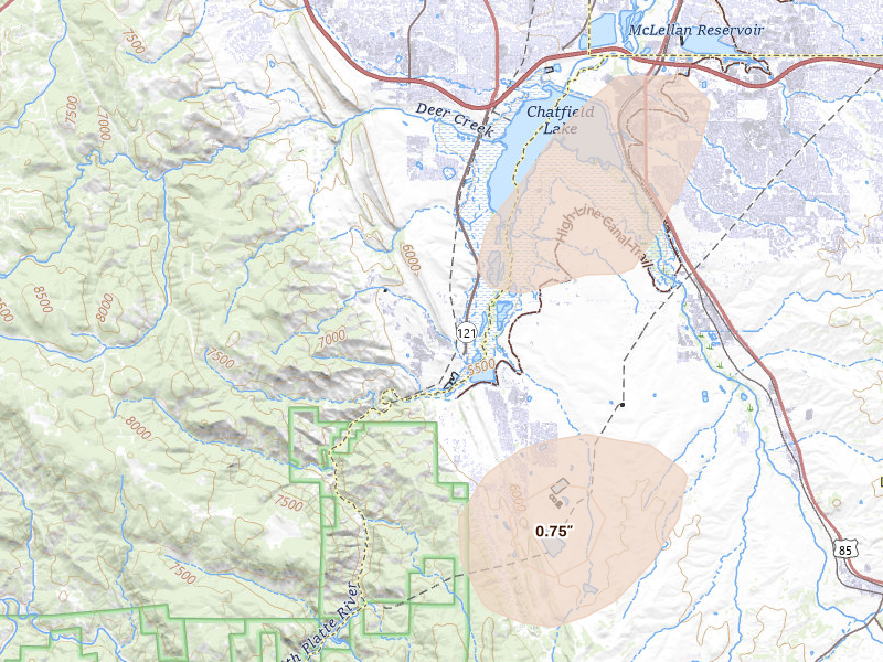 Radar-estimated hail-size map of the storm over Littleton, CO on Aug 22, 2026