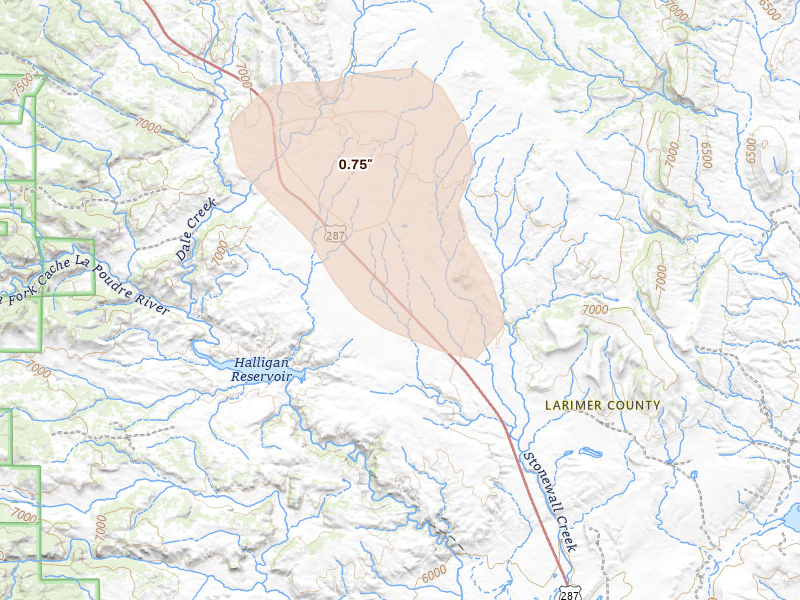 Radar-estimated hail-size map of the storm over Livermore, CO on Aug 26, 2026