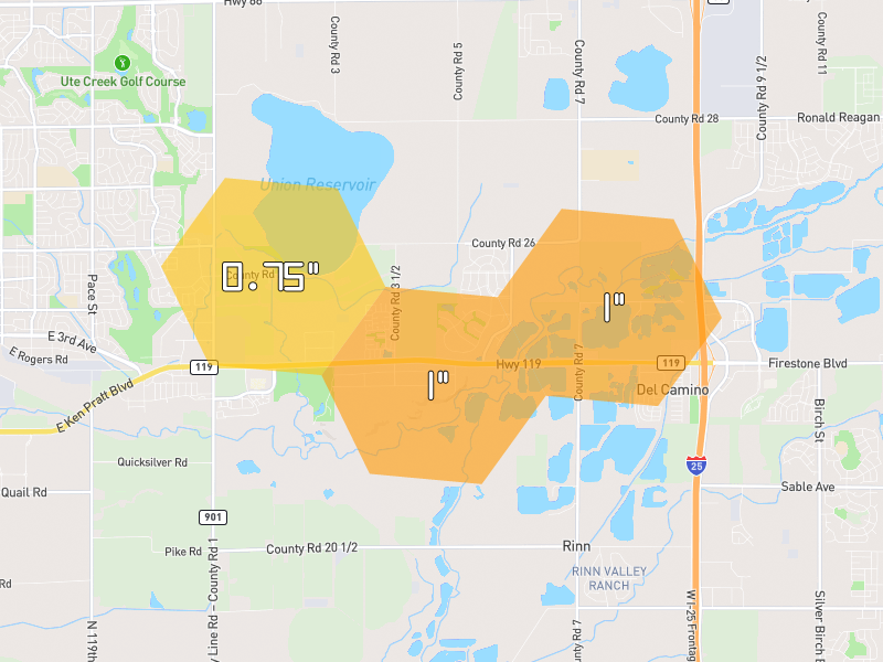 Hail map of Longmont, CO on Jun 1, 2026, hail up to 1"