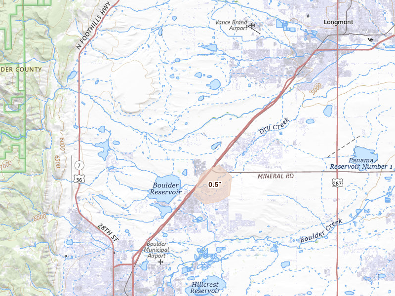 Radar-estimated hail-size map of the storm over Longmont, CO on Jul 21, 2026