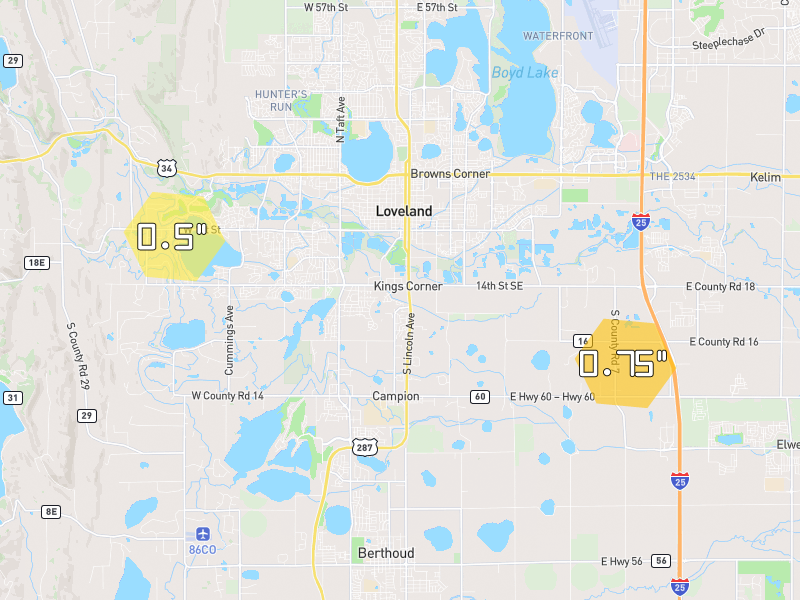 Hail map of Loveland, CO on Jul 2, 2026, hail up to 0.75"