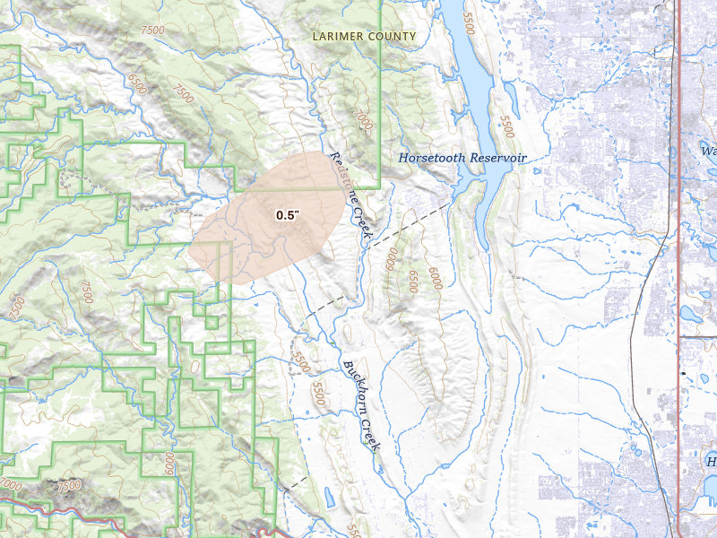 Radar-estimated hail-size map of the storm over Loveland, CO on Aug 15, 2026