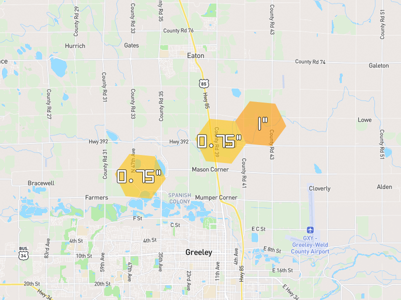 Hail map of Lucerne, CO on Jun 26, 2026, hail up to 1"