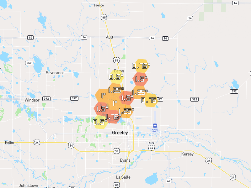Hail map of Lucerne, CO on Jul 2, 2026, hail up to 1.75"