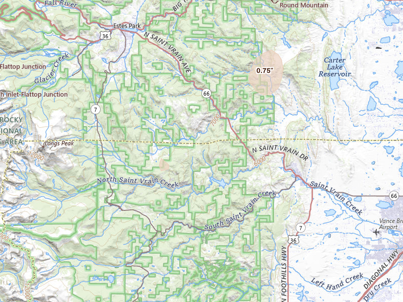 Radar-estimated hail-size map of the storm over Lyons, CO on May 28, 2026