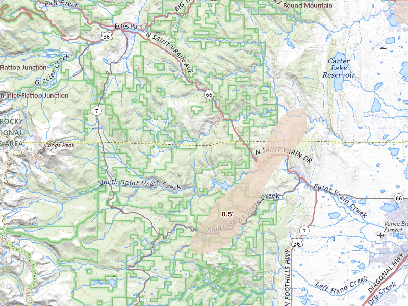Radar-estimated hail-size map of the storm over Lyons, CO on Jul 1, 2026