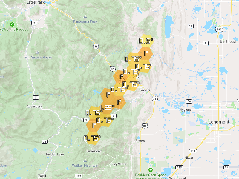 Hail map of Lyons, CO on Jul 2, 2026, hail up to 1.25"